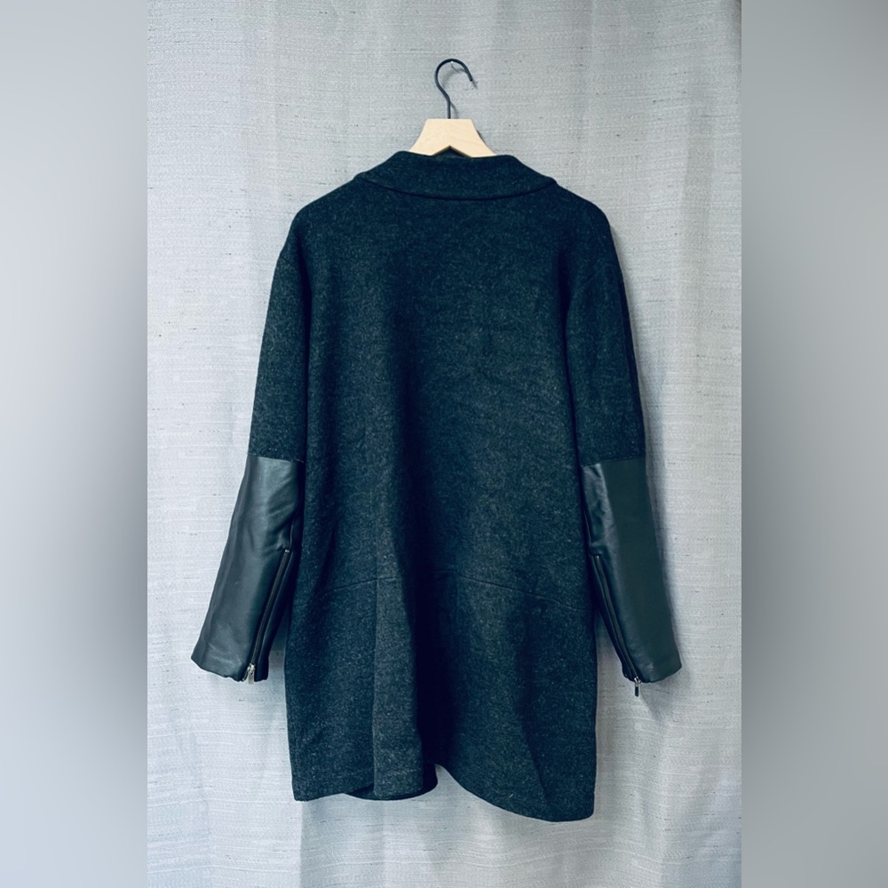 SOLD Eileen Fisher High Neck Black Leather Sleeve Dark Grey Wool Jacket Size XL - Picture 11 of 11